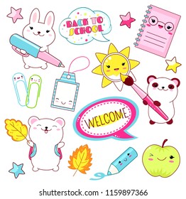 Back to school. Vector set of education icons in kawaii style. Polar bear with bag, panda with paintbrush, book, diary, label, bunny with pen, clips, green apple. EPS8