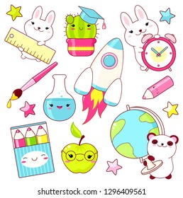 Back to school. Vector set of education icons in kawaii style. Bunny with alarm clock and ruler, panda with globe, pencil, apple, rocket. EPS8