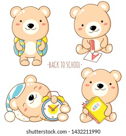Back to school. Vector set of education icons in kawaii style. Cute bear with pencil, alarm clock, book. EPS8