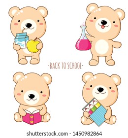 Back to school. Vector set of education icons in kawaii style. Cute bear with pencil, apple and milk, chemical flask, book. EPS8