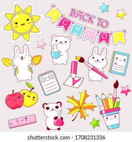 Back to school. Vector set of education icons in kawaii style. Stickers set with bunny with a backpack and autumn leaves, polar bear with chemical flask, apple, globe, book, backpack. EPS8