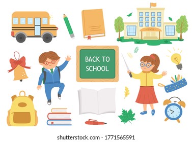 Back to school vector set of elements. Big educational clipart collection with teacher and schoolboy. Cute flat style classroom objects with supplies, school building, bus, books, stationery, pupil.
