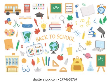 Back To School Vector Set Of Elements. Big Educational Clipart Collection. Cute Flat Style Classroom Objects With Supplies, School Building, Bus, Subject Icons, Books, Stationery.
