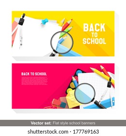 Back to school - Vector set of flat banners with school supplies