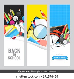 Back to school - Vector set of flat banners with school supplies 