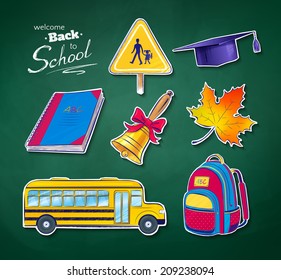 Back to school vector set with green chalkboard texture. Isolated.