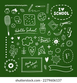 Back to school vector set. Hand drawn school doodles on green board