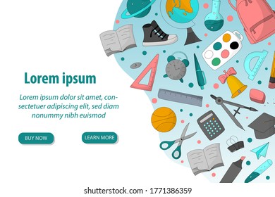Back to school vector set. Landing page design with school stationery. Cartoon style illustrations. Online shop concept. Autumn sale concept.