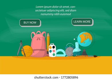 Back to school vector set. Landing page design with school stationery. Cartoon style illustrations. Online shop conccept. Autumn sale concept.