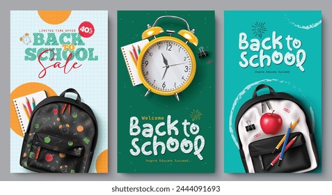 Back to school vector set poster design. Back to school sale and greeting text with school bag, alarm clock and color pencil items and elements for educational flyers lay out collection. Vector 