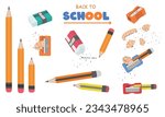 Back to school vector set. Stationery collection. School supplies vector illustration. Pencil, eraser, pencil sharpener, pencil shavings, pencil waste. Flat vector in cartoon style.