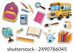  Back to school. Vector set of stickers with school supplies. Cute school icons backpack, bus, globe, books, pencils, ruler, magnifying glass, bell, calculator, brush. Isolated