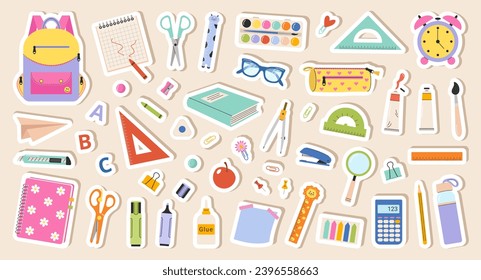 Back to school. Vector set stickers of school supplies. Cute office supplies hand drawn illustration.