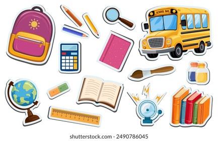  Back to school. Vector set of stickers with school supplies. Cute school icons backpack, bus, globe, books, pencils, ruler, magnifying glass, bell, calculator, brush. Isolated