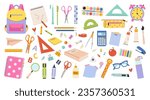 Back to school. Vector set of school supplies. Cute office supplies hand drawn illustration. Knowledge for all.