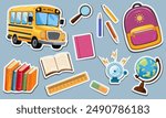 Back to school. Vector set of school supplies stickers. Cute school icons backpack, bus, globe, books, pencils, ruler, magnifying glass, bell. 