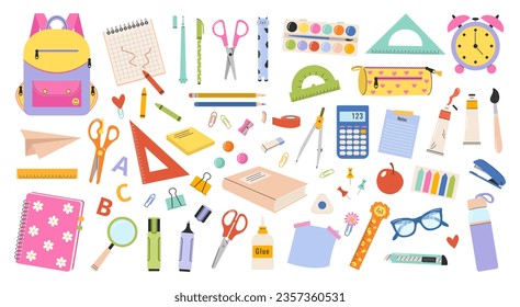 Back to school. Vector set of school supplies. Cute office supplies hand drawn illustration.