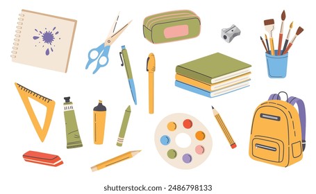 Back to school. Vector set of school supplies. Cute office supplies hand drawn illustration. 