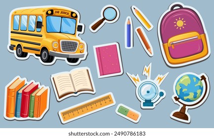 De vuelta a la escuela. Conjunto de Vector de pegatinas de útiles escolares. Mochila linda de los iconos de la escuela, autobús, globo, libros, lápices, Regla, lupa, campana. 