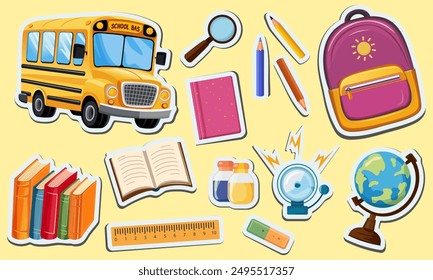 Regreso a la escuela. Vector conjunto de pegatinas de útiles escolares. Mochila linda de los iconos de la escuela, autobús, globo, libros, lápices, Regla, lupa, campana. 