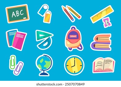 Back to school. Vector set of school supplies stickers. Cute school icons backpack, clock, globe, books, pencils, ruler, eraser, board, sharpener, sheets.