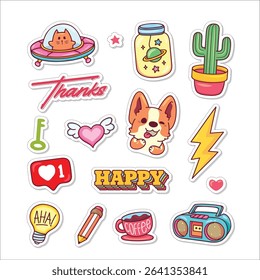 Back to school. Vector set of school supplies stickers. Cute school icons backpack, bus, globe, books, pencils, ruler, magnifying glass, bell.