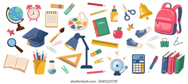  Back to School. Vector set with school supplies.  Isolated on white background
