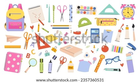 Back to school. Vector set of school supplies. Cute office supplies hand drawn illustration. Knowledge for all.