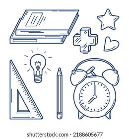 Back to school vector sketch hand drawn alarm clock and outline doodle school supplies icons