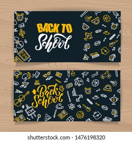 Back to school vector sketch lettering and hand drawn school stationery. Black board background with outline doodle school supplies icons. Design for poster, banner, school or education theme