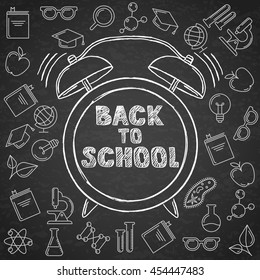 Back to school vector sketch lettering and hand drawn watercolor alarm clock. Black board background with outline education icons. Design for poster, banner, school or education theme.