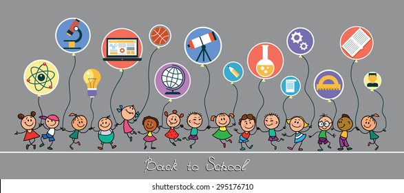 Back to school. Vector sketches with happy pupils. Children hold balloons in the form of icons of education.
