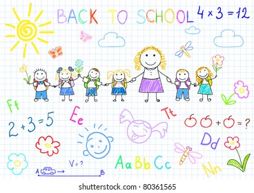 Back to school. Vector sketches with happy pupils and teacher. Sketch on notebook page