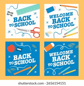 Conjunto de 4 Posts de Mídia Social Vetor da Escola - Papel de Carta Colorido em Papel Quadrado com Fundo Azul