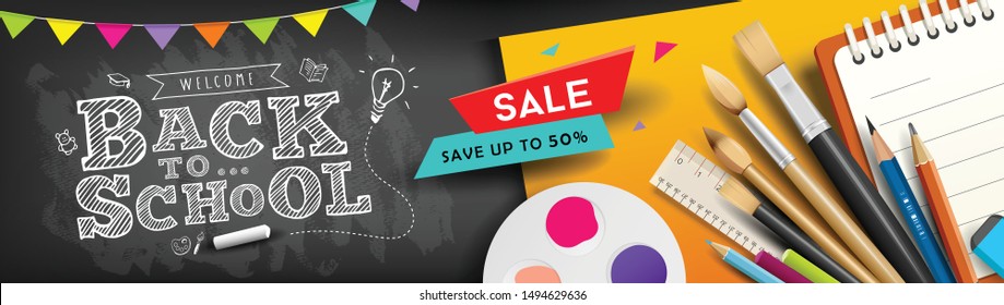 Back to school vector, school supplies for sale design on gray and yellow banners background, illustration