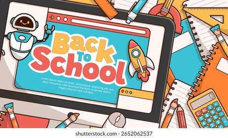 Back to school vector template background with school elements and items. Education banner and poster. Template for advertising, web, social media. Vector Illustration