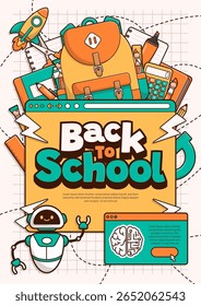 Back to school vector template background with school elements and items. Education banner and poster. Template for advertising, web, social media. Vector Illustration