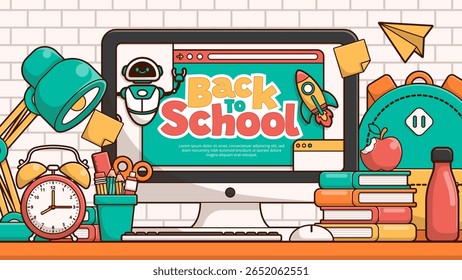 Back to school vector template background with school elements and items. Education banner and poster. Template for advertising, web, social media. Vector Illustration