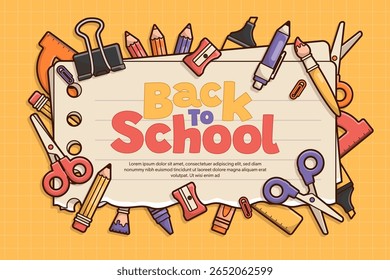 Back to school vector template background with school elements and items. Education banner and poster. Template for advertising, web, social media. Vector Illustration