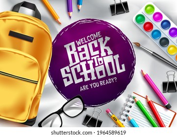 Back to school vector template design. Welcome back to school in empty space for text with educational items like backpack, water color, eyeglasses and paper clip in white background. Vector 