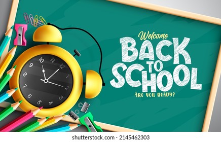 Back to school vector template design. Back to school text in chalkboard space with alarm clock and color pencil  elements for educational decoration greeting messages. Vector illustration.