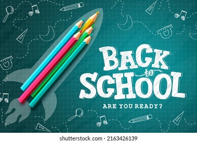 Back to school vector template design. Back to school text in in chalkboard with color pencil elements and doodle background for educational decoration. Vector illustration.
