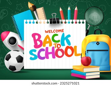 Back to school vector template design. Welcome back to school colorful text in paper stationery with learning items and supplies decoration. Vector illustration greeting template.