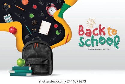 Back to school vector template design. School back greeting text with student trendy school backpack and learning elements icons for educational template background. Vector illustration back to school