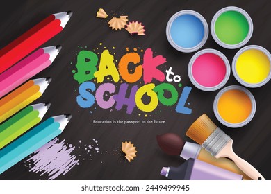 Back to school vector template design. Back to school in colorful text with color pencil, water color and brush educational elements in black background. Vector illustration school greeting design. 
