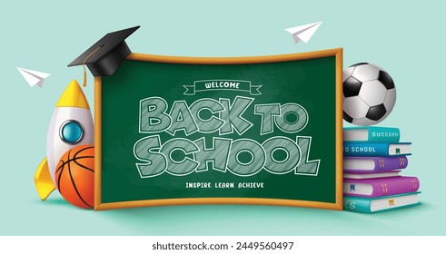 Back to school vector template design. Welcome back to school greeting typography in green chalk board with books, rocket and soccer ball for educational learning background. Vector illustration 