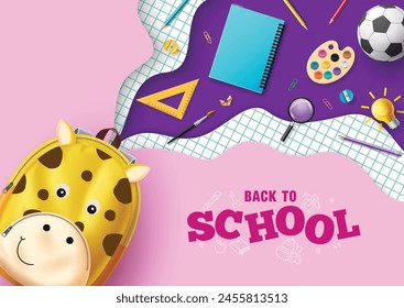 Back to school vector template design. Back to school text with cute giraffe bag and educational supplies and elements for learning background. Vector illustration school back template design. 
