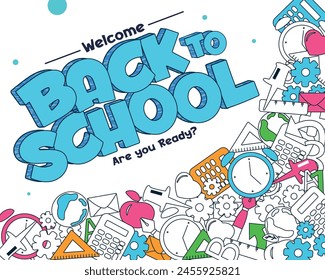 Back to school vector template design. Welcome back to school greeting text with educational elements, supplies and items for learning background. Vector illustration school back greeting design.  
