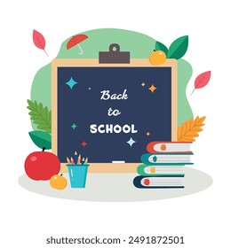 Back to school vector template design. Welcome to school, happy back to school, greeting on a white background, with textbooks, books and other stationery.