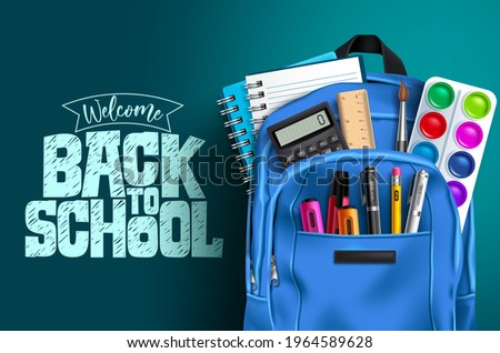 Back to school vector template design. Welcome back to school text with educational supplies like backpack, water color, notebook and calculator in blue background. Vector illustration